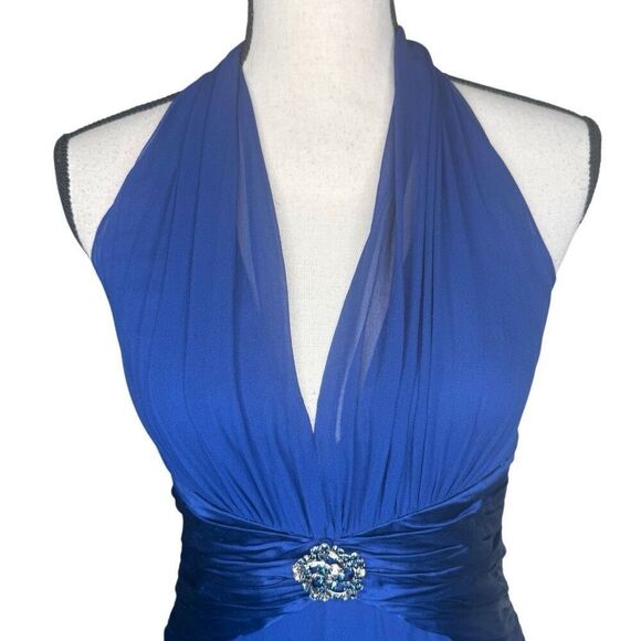 Vtg Y2K Maggy London  Blue Silk Bejeweled Backless Halter Dress Sz 8 - Picture 3 of 11